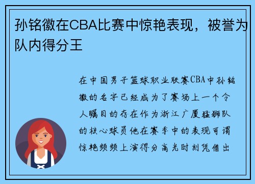 孙铭徽在CBA比赛中惊艳表现，被誉为队内得分王
