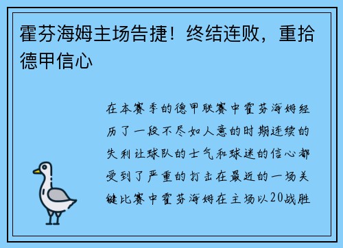 霍芬海姆主场告捷！终结连败，重拾德甲信心